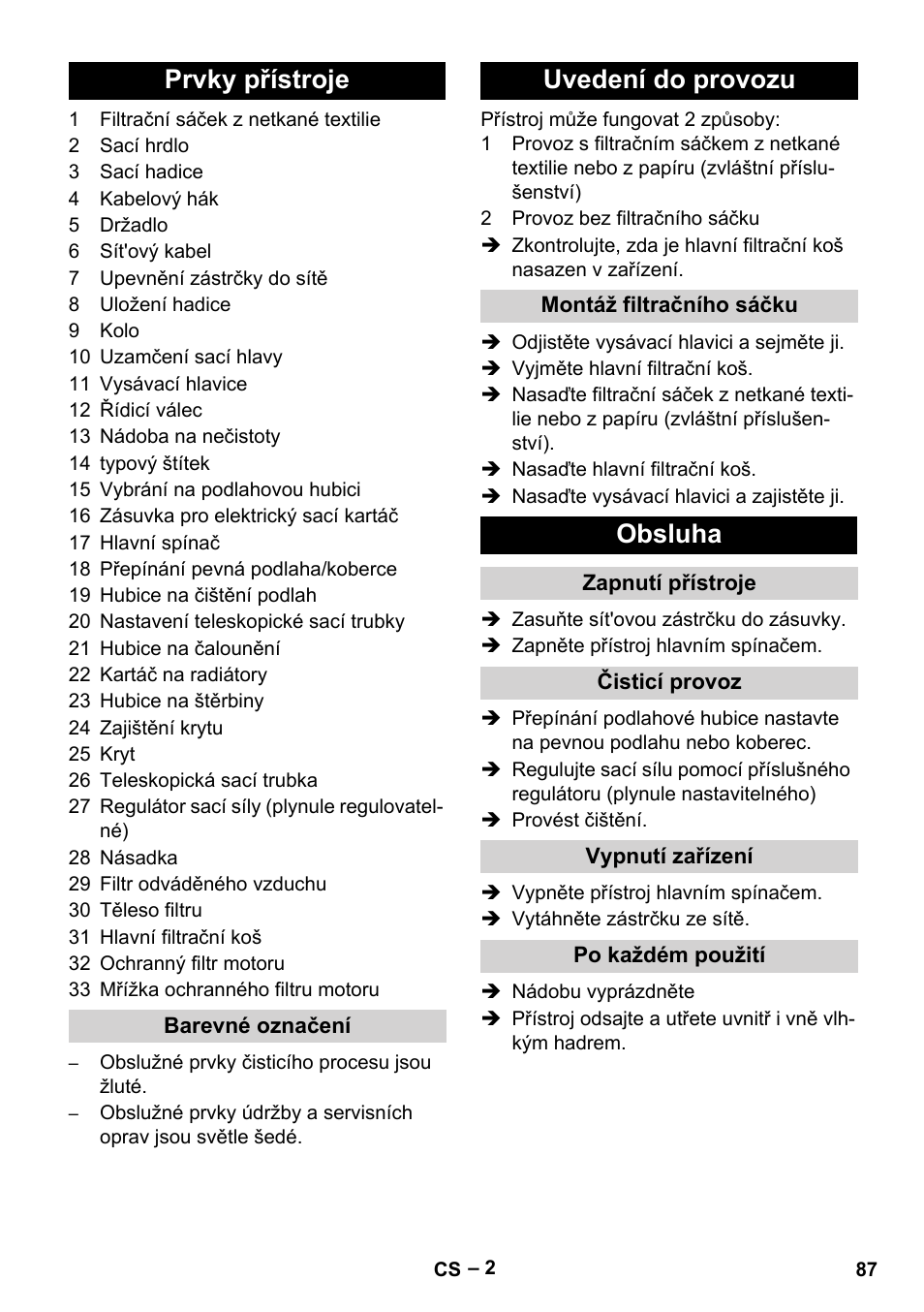 Prvky přístroje, Uvedení do provozu, Obsluha | Karcher T 15-1+ ESB28 EU User Manual | Page 87 / 156