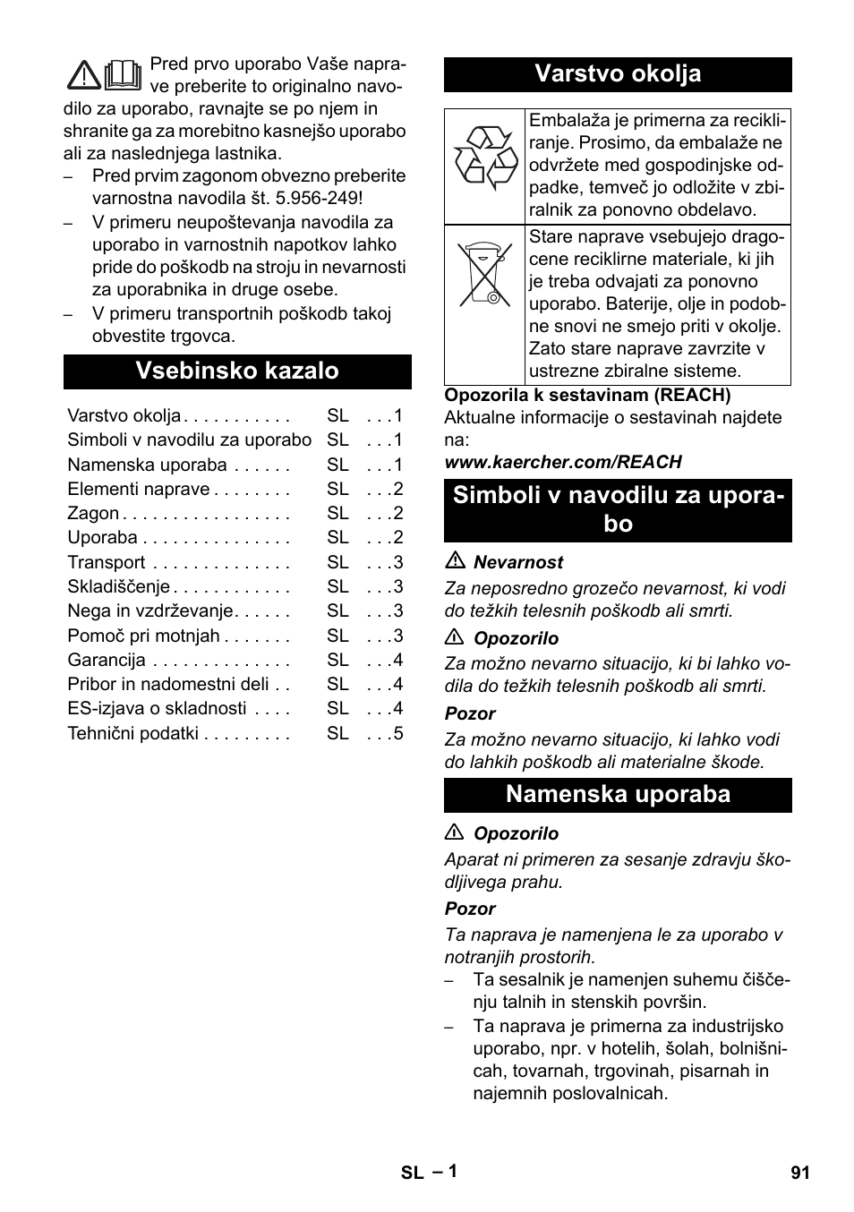 Slovenščina, Vsebinsko kazalo, Varstvo okolja | Simboli v navodilu za upora- bo namenska uporaba | Karcher T 15-1+ ESB28 EU User Manual | Page 91 / 156