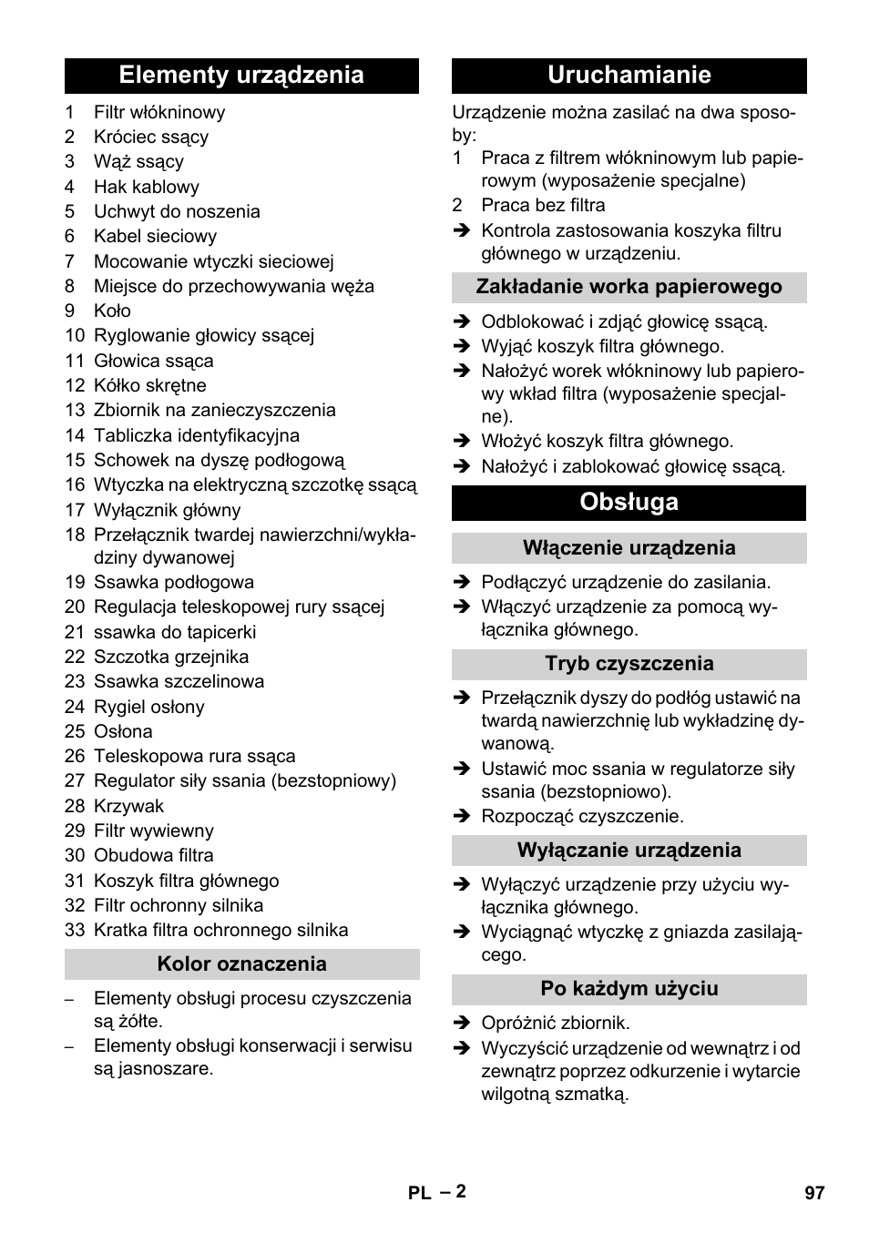 Elementy urządzenia, Uruchamianie, Obsługa | Karcher T 15-1+ ESB28 EU User Manual | Page 97 / 156