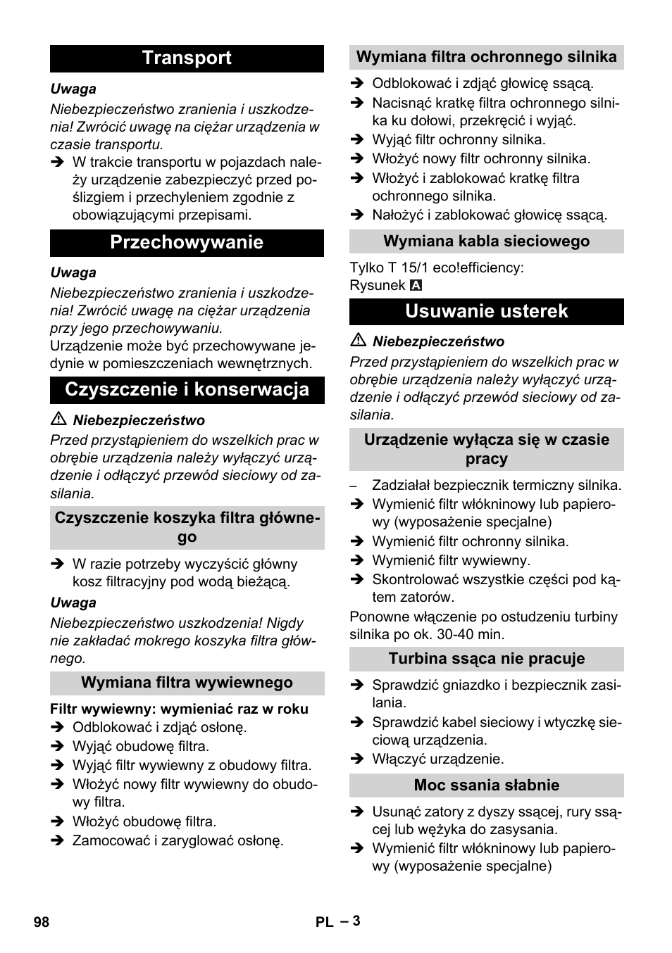 Transport przechowywanie czyszczenie i konserwacja, Usuwanie usterek | Karcher T 15-1+ ESB28 EU User Manual | Page 98 / 156