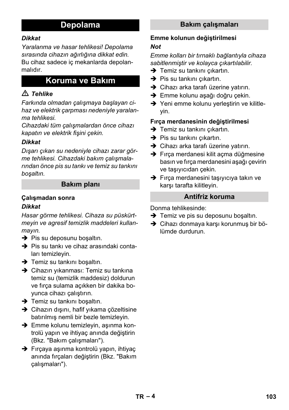 Depolama koruma ve bakım | Karcher Hartbodenreiniger BR 4-300 User Manual | Page 103 / 232