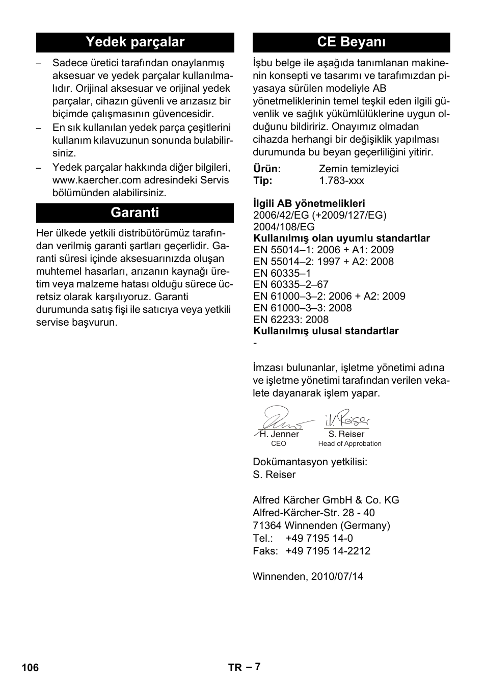 Yedek parçalar garanti ce beyanı | Karcher Hartbodenreiniger BR 4-300 User Manual | Page 106 / 232