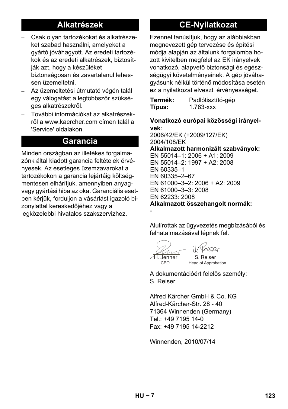 Alkatrészek garancia ce-nyilatkozat | Karcher Hartbodenreiniger BR 4-300 User Manual | Page 123 / 232