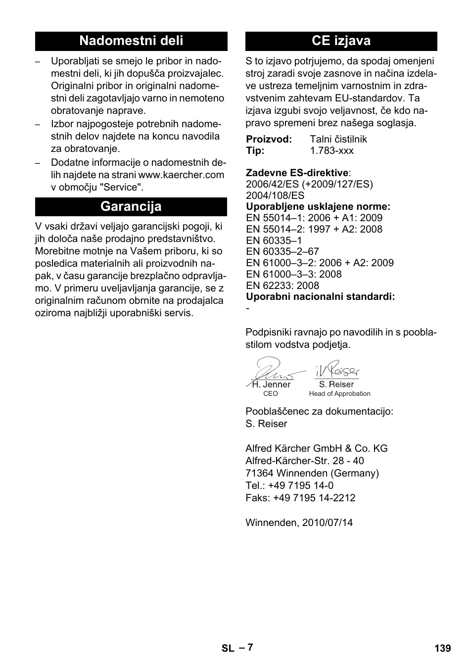 Nadomestni deli garancija ce izjava | Karcher Hartbodenreiniger BR 4-300 User Manual | Page 139 / 232