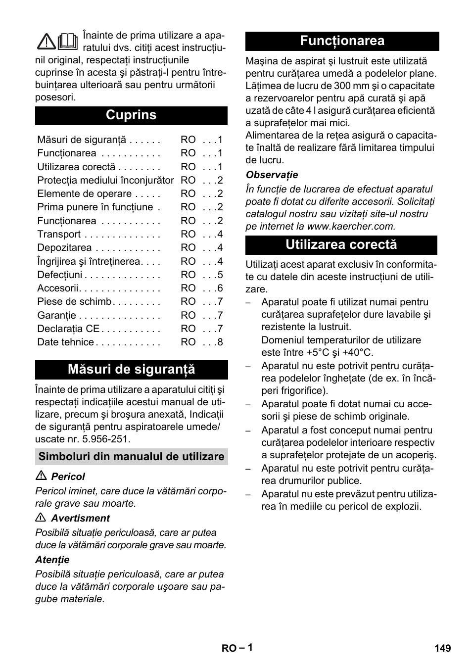 Româneşte, Hrvatski, Românete | Cuprins, Măsuri de siguranţă, Funcţionarea utilizarea corectă | Karcher Hartbodenreiniger BR 4-300 User Manual | Page 149 / 232