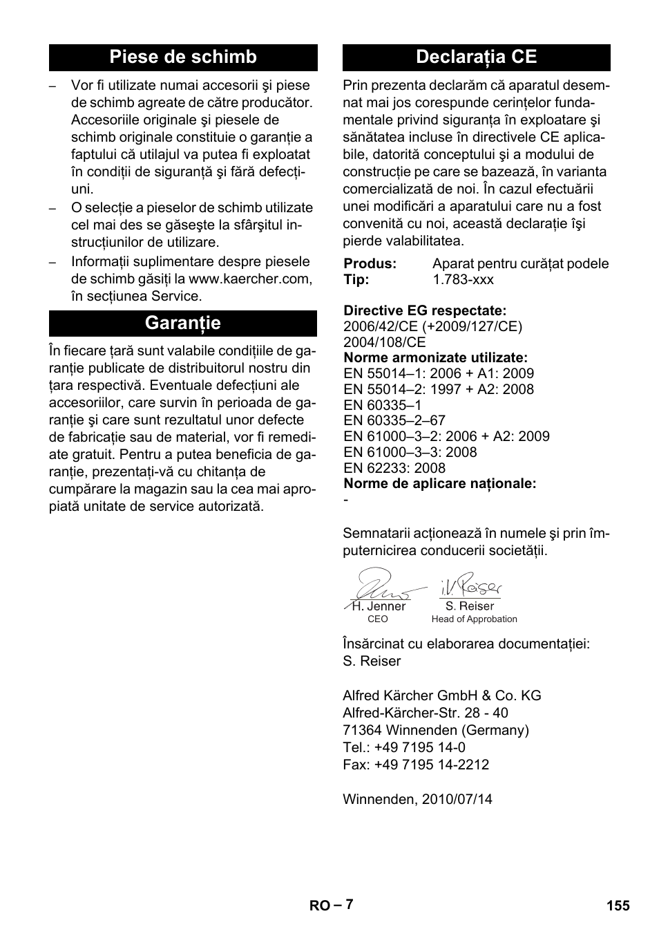 Piese de schimb garanţie declaraţia ce | Karcher Hartbodenreiniger BR 4-300 User Manual | Page 155 / 232