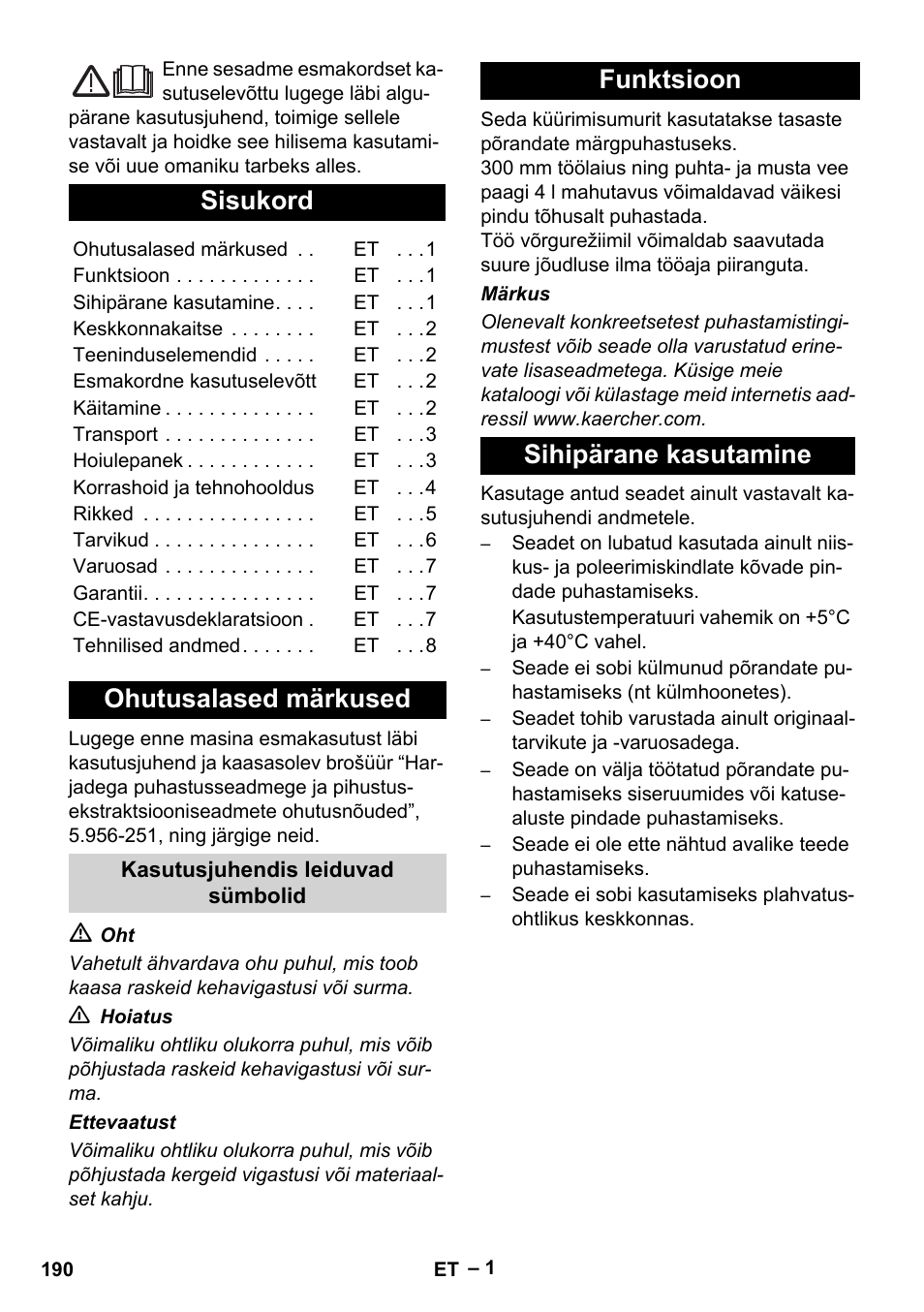 Eesti, Latviešu, Sisukord | Ohutusalased märkused, Funktsioon sihipärane kasutamine | Karcher Hartbodenreiniger BR 4-300 User Manual | Page 190 / 232