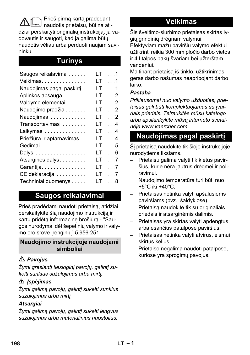 Lietuviškai, Українська, Turinys | Saugos reikalavimai, Veikimas naudojimas pagal paskirtį | Karcher Hartbodenreiniger BR 4-300 User Manual | Page 198 / 232