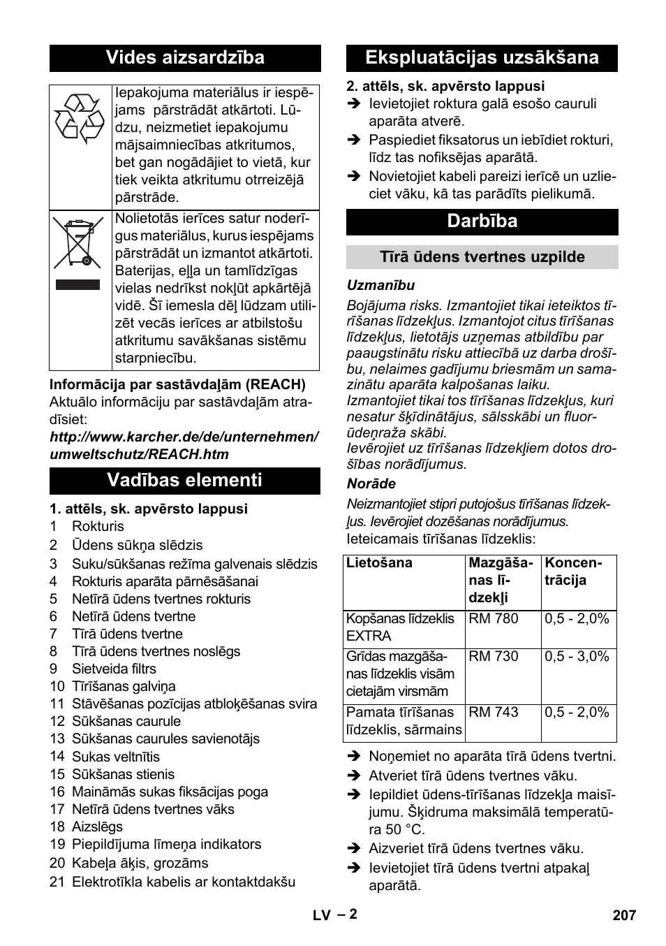 Vides aizsardzība, Vadības elementi ekspluatācijas uzsākšana darbība | Karcher Hartbodenreiniger BR 4-300 User Manual | Page 207 / 232