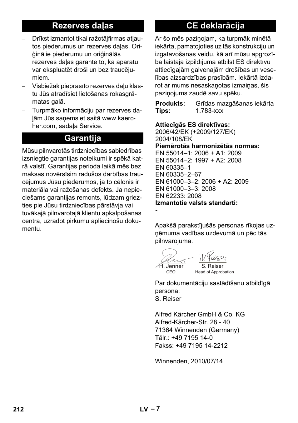 Rezerves daļas garantija ce deklarācija | Karcher Hartbodenreiniger BR 4-300 User Manual | Page 212 / 232