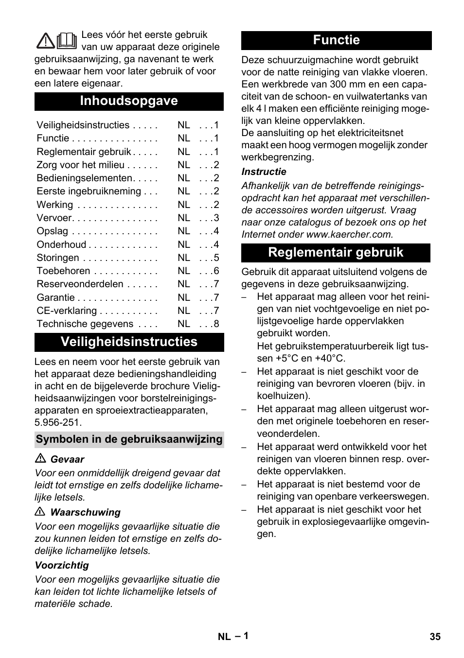 Nederlands, Português, Inhoudsopgave | Veiligheidsinstructies, Functie reglementair gebruik | Karcher Hartbodenreiniger BR 4-300 User Manual | Page 35 / 232