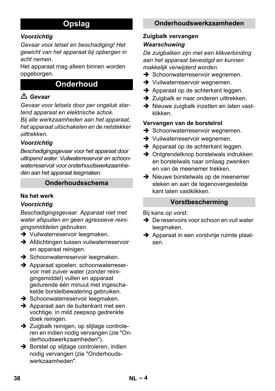 Opslag onderhoud | Karcher Hartbodenreiniger BR 4-300 User Manual | Page 38 / 232