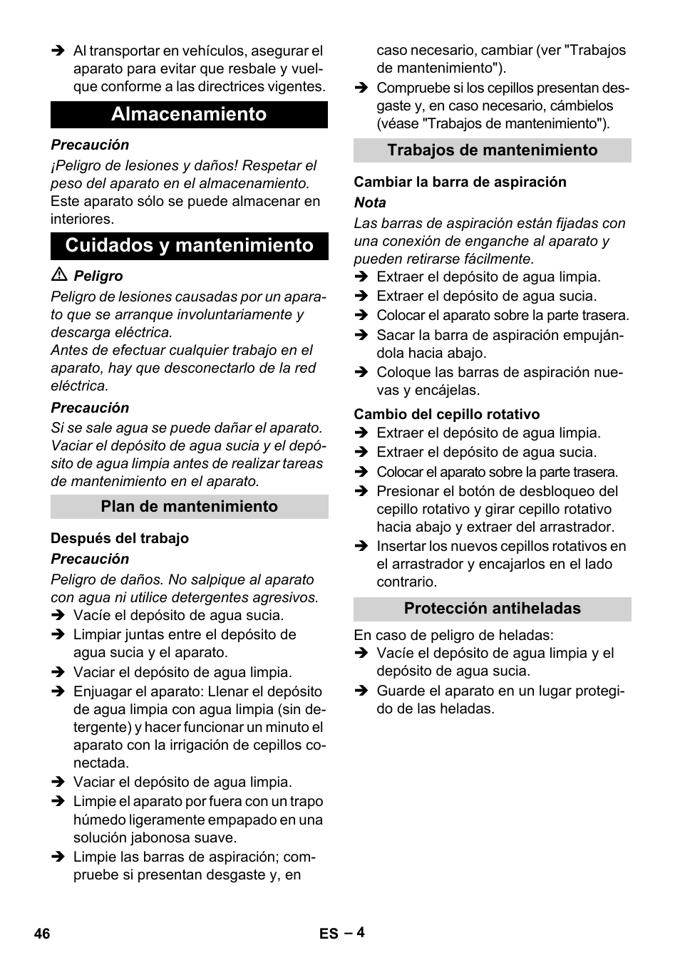 Almacenamiento cuidados y mantenimiento | Karcher Hartbodenreiniger BR 4-300 User Manual | Page 46 / 232