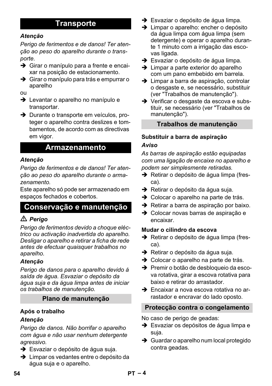 Transporte armazenamento conservação e manutenção | Karcher Hartbodenreiniger BR 4-300 User Manual | Page 54 / 232