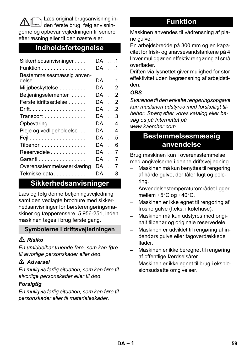 Dansk, Svenska, Indholdsfortegnelse | Sikkerhedsanvisninger, Funktion bestemmelsesmæssig anvendelse | Karcher Hartbodenreiniger BR 4-300 User Manual | Page 59 / 232