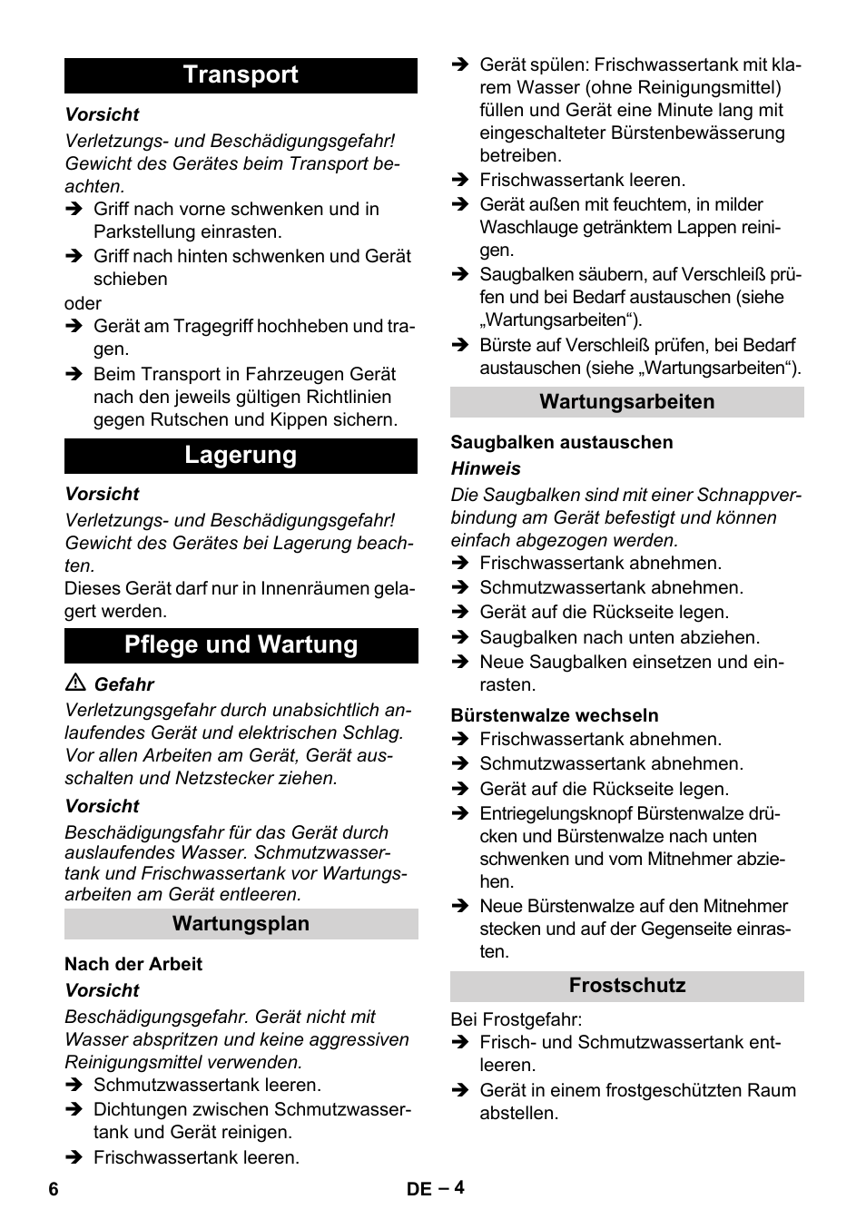 Transport lagerung pflege und wartung | Karcher Hartbodenreiniger BR 4-300 User Manual | Page 6 / 232