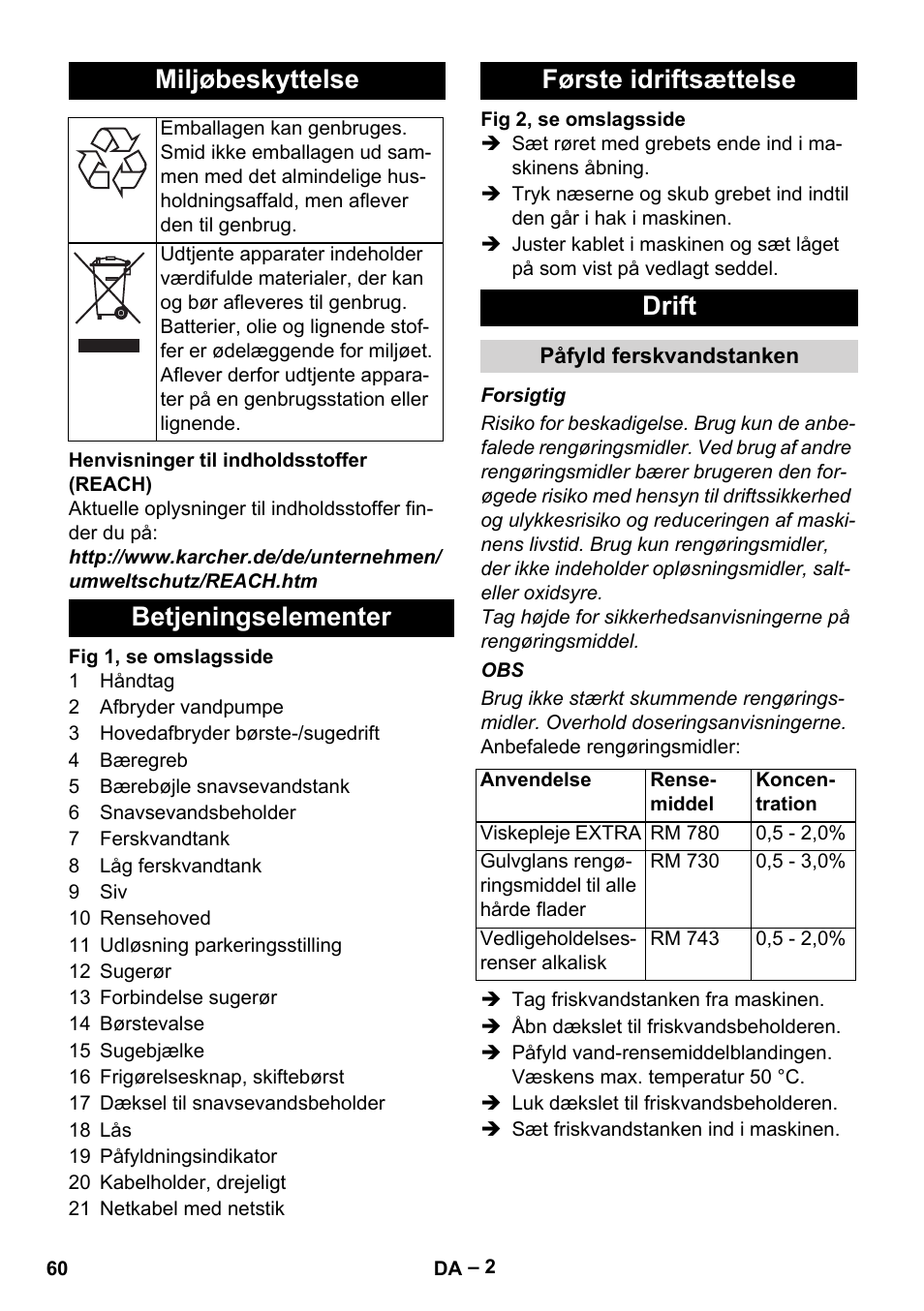 Miljøbeskyttelse, Betjeningselementer første idriftsættelse drift | Karcher Hartbodenreiniger BR 4-300 User Manual | Page 60 / 232