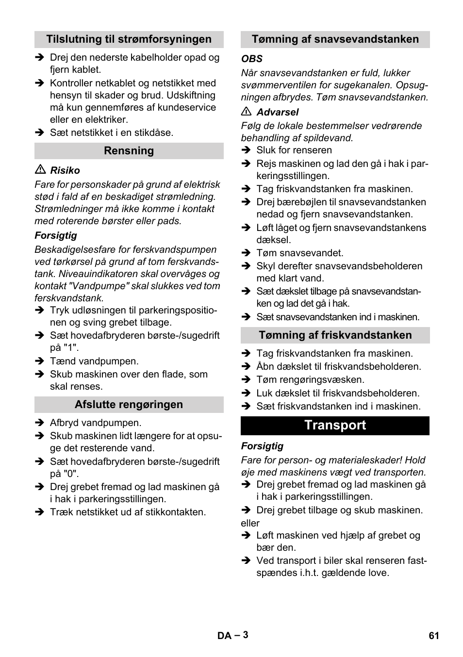 Transport | Karcher Hartbodenreiniger BR 4-300 User Manual | Page 61 / 232