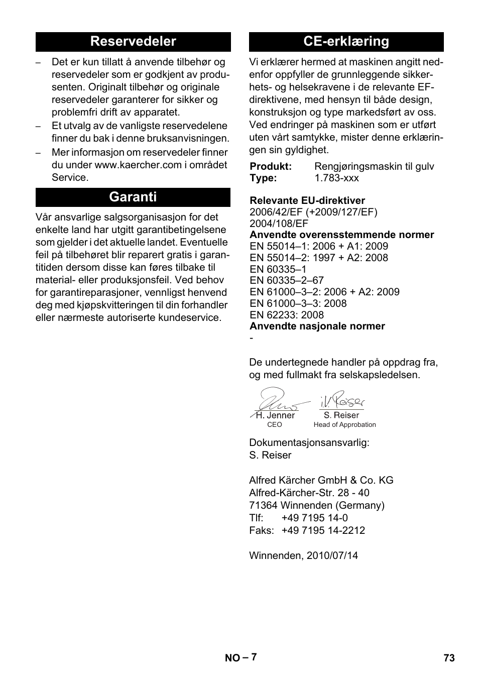 Reservedeler garanti ce-erklæring | Karcher Hartbodenreiniger BR 4-300 User Manual | Page 73 / 232