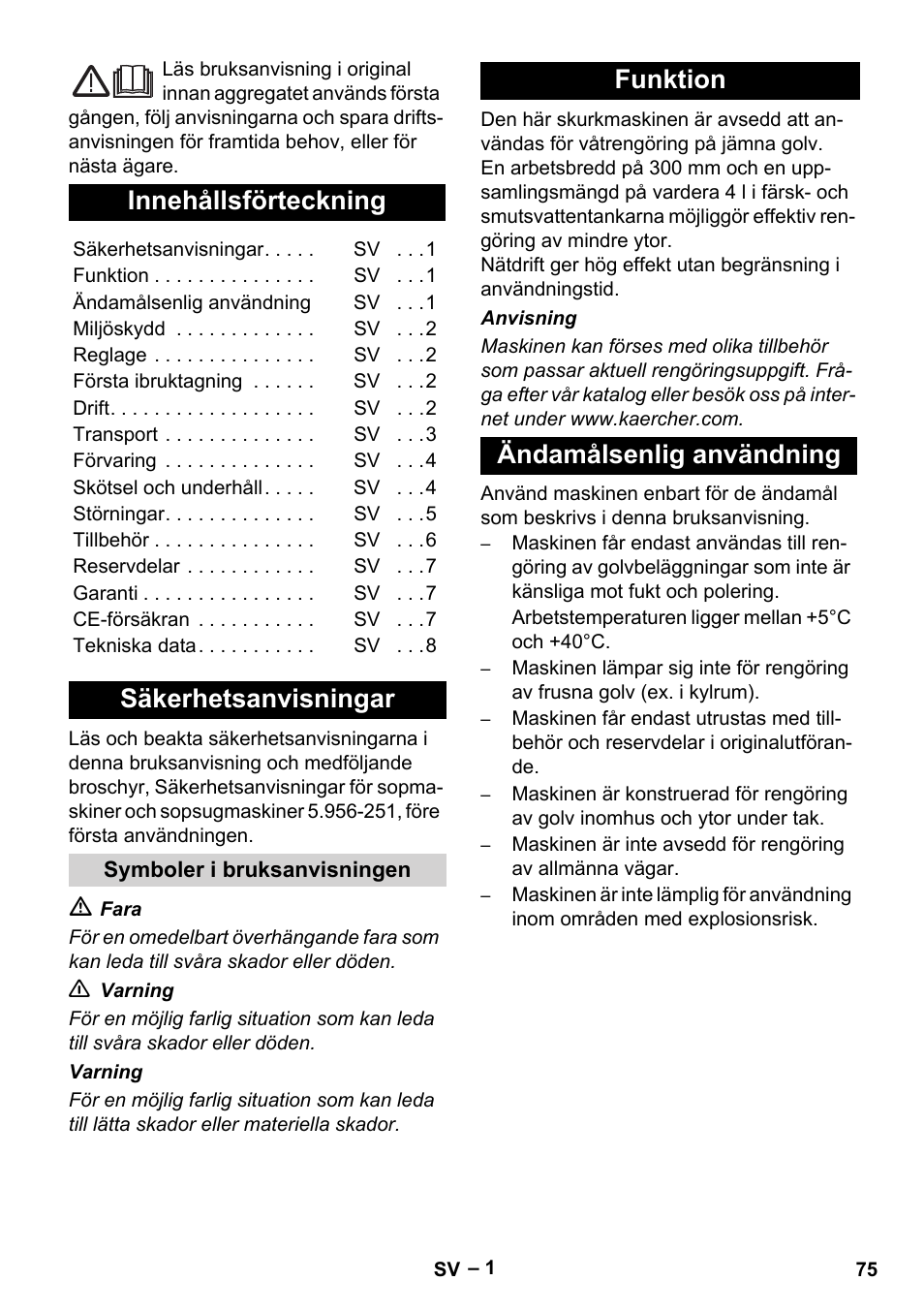 Svenska, Ελληνικά, Innehållsförteckning | Säkerhetsanvisningar, Funktion ändamålsenlig användning | Karcher Hartbodenreiniger BR 4-300 User Manual | Page 75 / 232