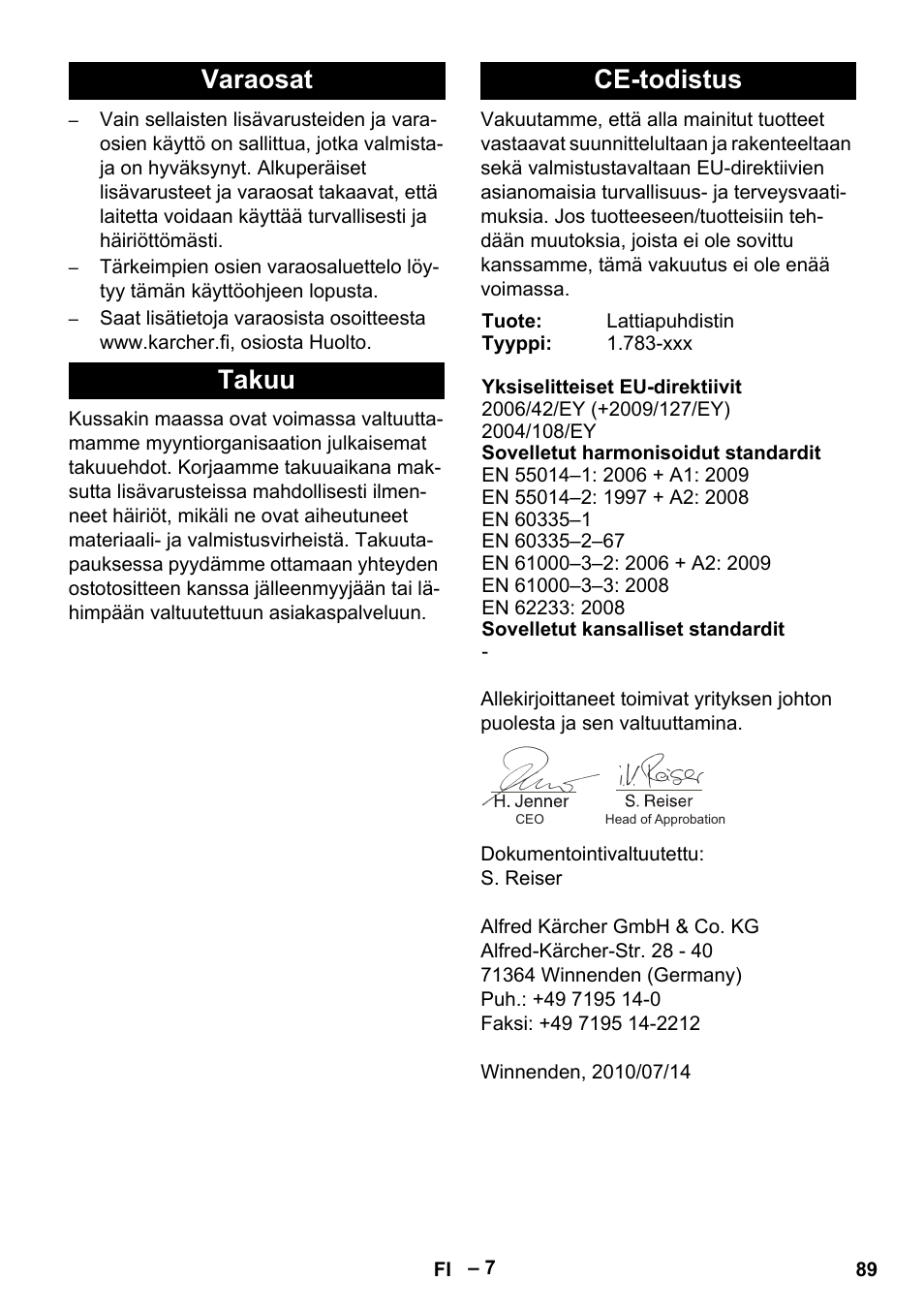 Varaosat takuu ce-todistus | Karcher Hartbodenreiniger BR 4-300 User Manual | Page 89 / 232