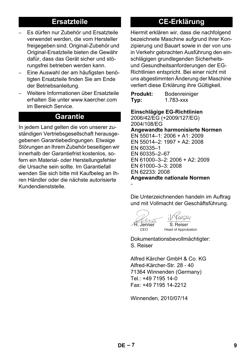 Ersatzteile garantie ce-erklärung | Karcher Hartbodenreiniger BR 4-300 User Manual | Page 9 / 232