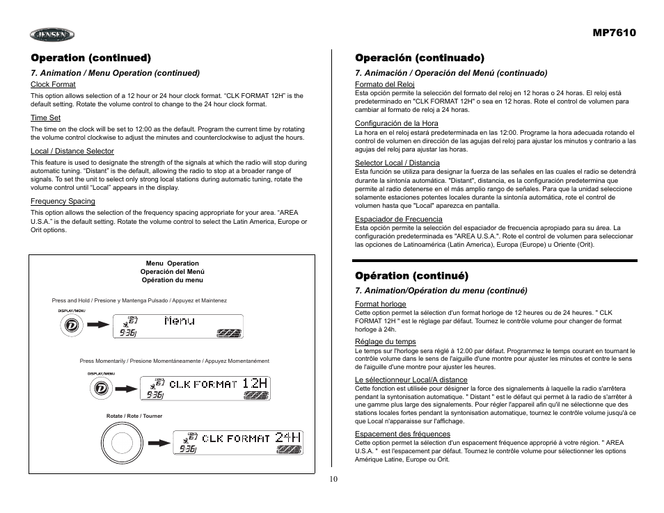 Operation (continued), Animation / menu operation (continued), Operación (continuado) | Animación / operación del menú (continuado), Opération (continué), Animation/opération du menu (continué), Mp7610 | Audiovox MP7610 User Manual | Page 10 / 25