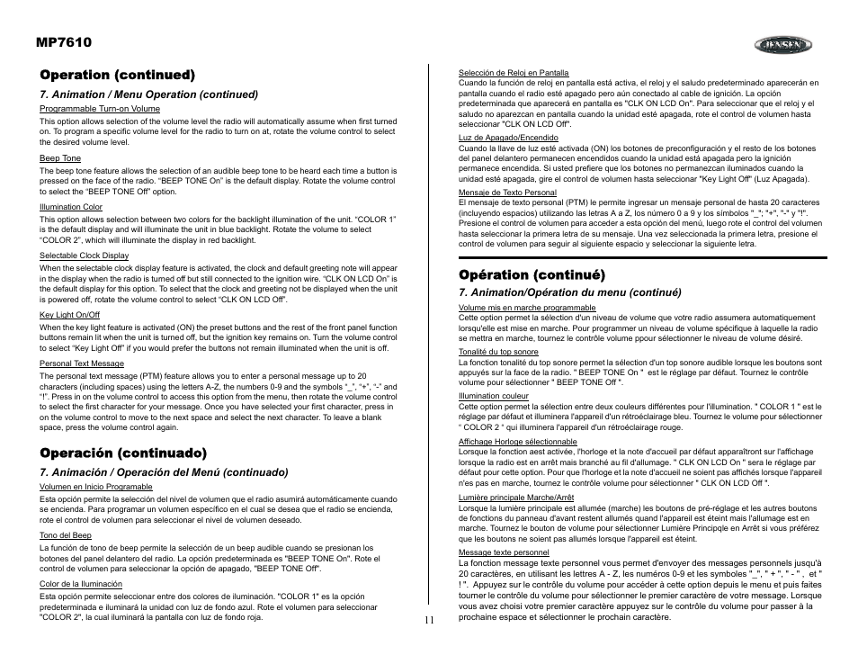 Operation (continued), Animation / menu operation (continued), Operación (continuado) | Animación / operación del menú (continuado), Opération (continué), Animation/opération du menu (continué), Mp7610 | Audiovox MP7610 User Manual | Page 11 / 25