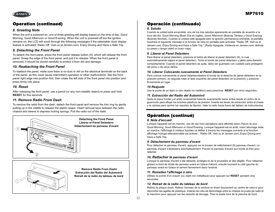 Operation (continued), Greeting note, Detaching the front panel | Reattaching the front panel, Reset, Remove radio from dash, Operación (continuado), Saludo, Liberar el panel delantero, Liberar colocando nuevamente el panel delantero | Audiovox MP7610 User Manual | Page 12 / 25