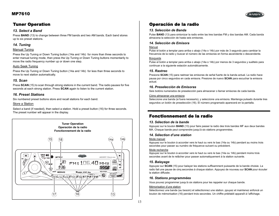 Tuner operation, Select a band, Tuning | Scan, Preset stations, Operación de la radio, Selección de banda, Selección de emisora, Rastreo, Preselección de emisoras | Audiovox MP7610 User Manual | Page 13 / 25
