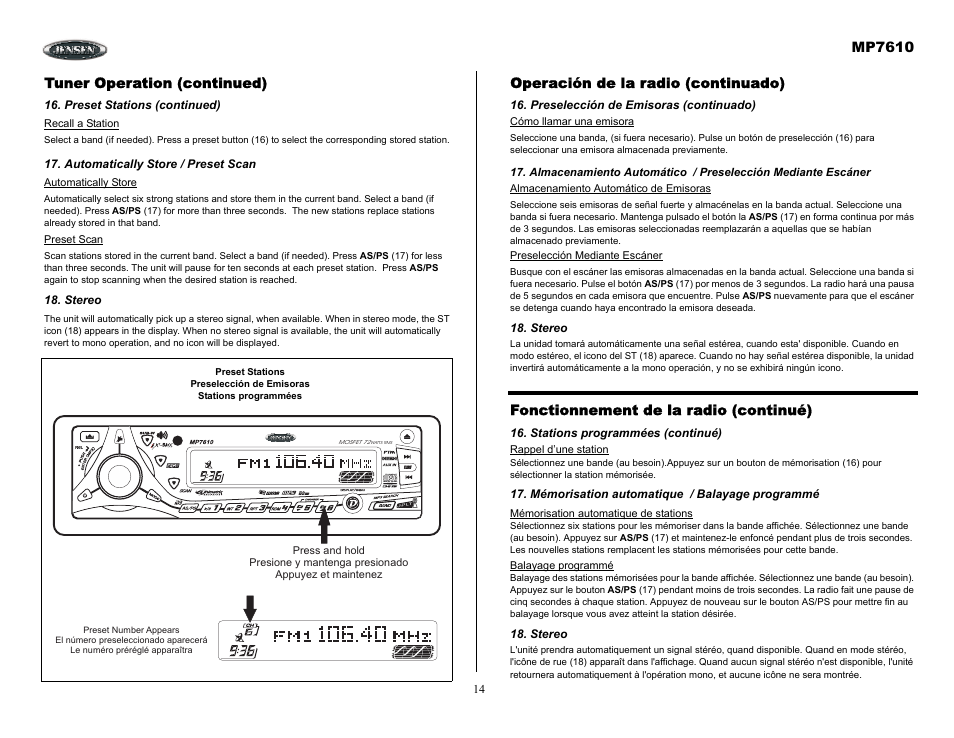 Tuner operation (continued), Preset stations (continued), Automatically store / preset scan | Stereo, Operación de la radio (continuado), Preselección de emisoras (continuado), Stations programmées (continué), Mémorisation automatique / balayage programmé, Mp7610, Fonctionnement de la radio (continué) | Audiovox MP7610 User Manual | Page 14 / 25