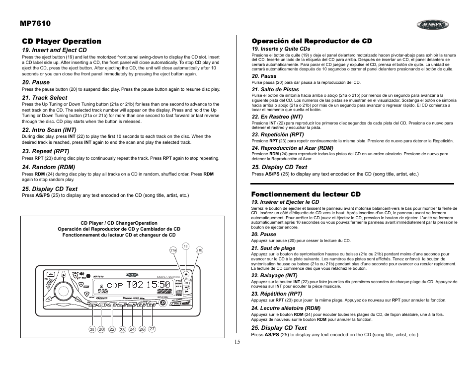Cd player operation, Insert and eject cd, Pause | Track select, Intro scan (int), Repeat (rpt), Random (rdm), Display cd text, Operación del reproductor de cd, Inserte y quite cds | Audiovox MP7610 User Manual | Page 15 / 25