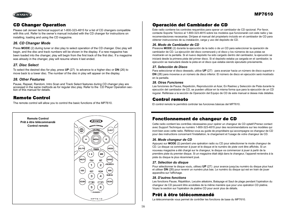Cd changer operation, Cd changer mode, Disc select | Other features, Remote control, Operación del cambiador de cd, Modo de cambiador de cd, Selección de disco, Otras funciones, Control remoto | Audiovox MP7610 User Manual | Page 16 / 25