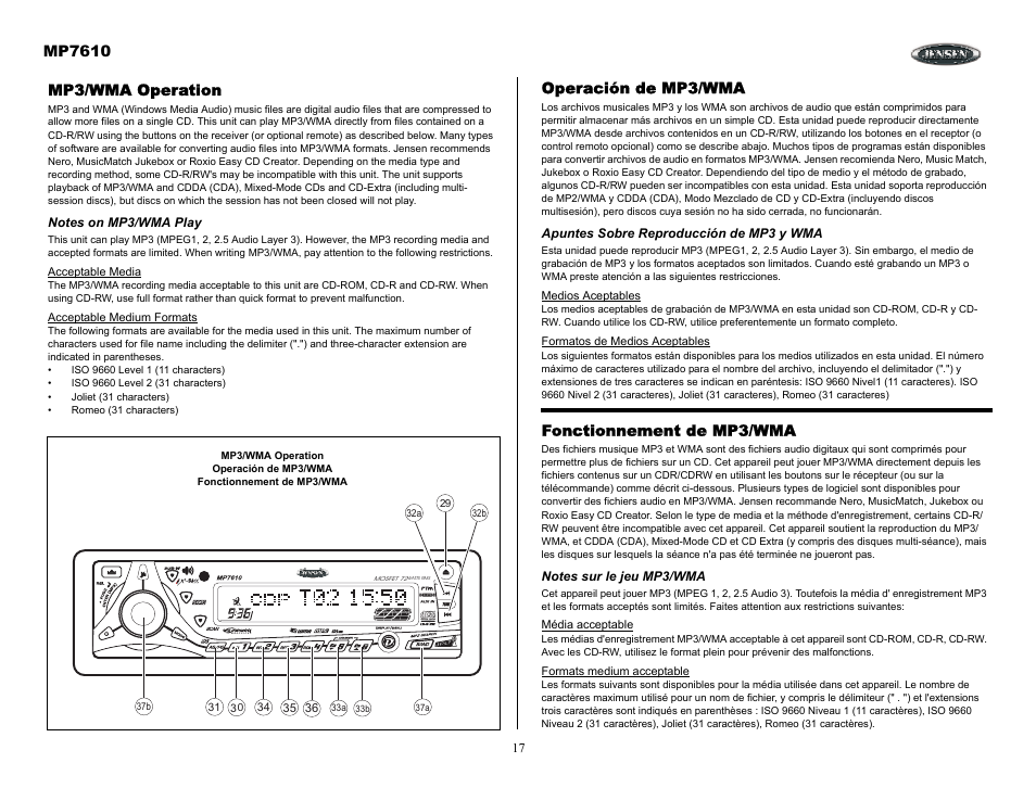 Mp3/wma operation, Notes on mp3/wma play, Operación de mp3/wma | Apuntes sobre reproducción de mp3 y wma, Fonctionnement de mp3/wma, Notes sur le jeu mp3/wma, Mp7610 | Audiovox MP7610 User Manual | Page 17 / 25