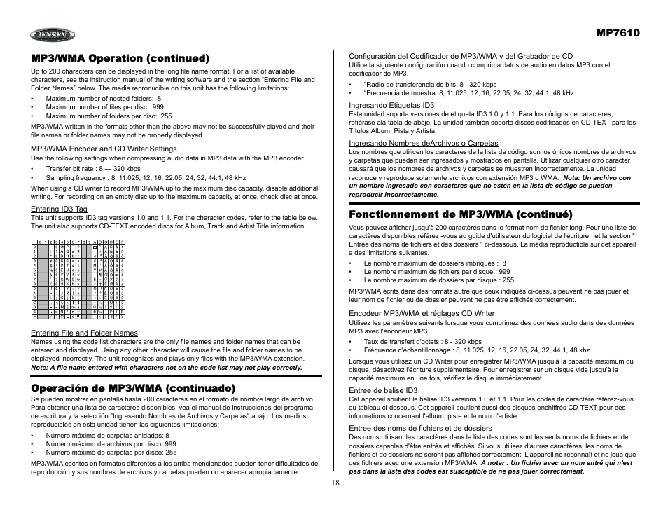 Mp3/wma operation (continued), Operación de mp3/wma (continuado), Fonctionnement de mp3/wma (continué) | Mp7610 | Audiovox MP7610 User Manual | Page 18 / 25