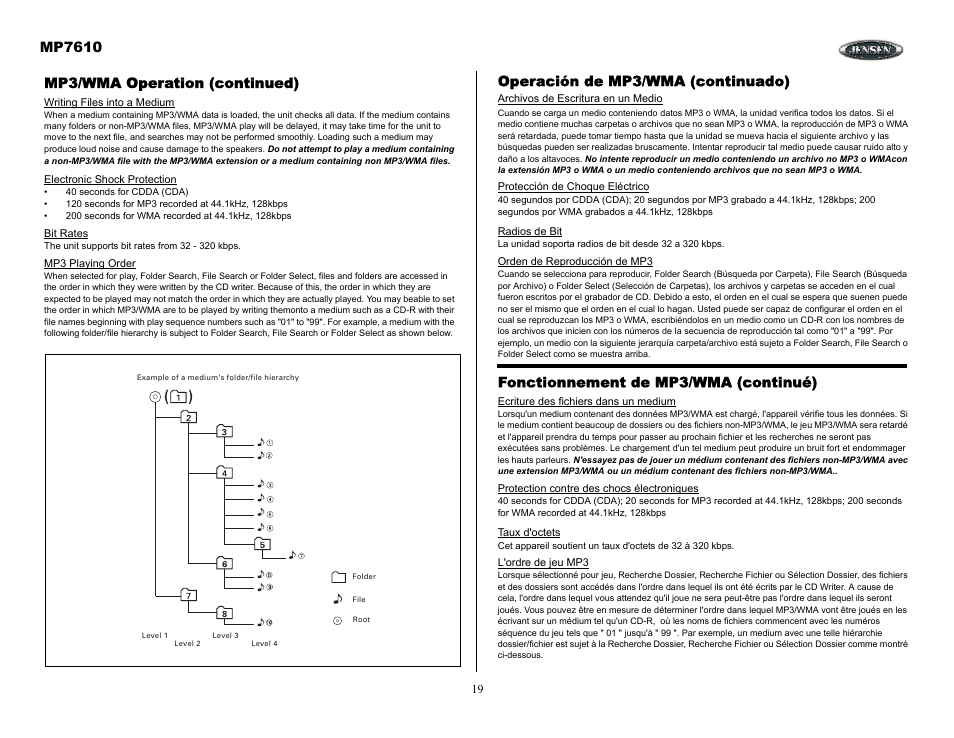 Mp3/wma operation (continued), Operación de mp3/wma (continuado), Fonctionnement de mp3/wma (continué) | Mp7610 | Audiovox MP7610 User Manual | Page 19 / 25