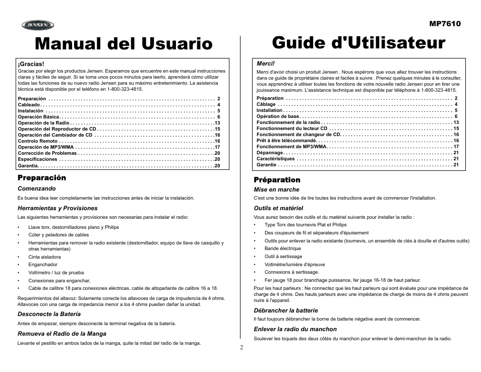 Preparación, Comenzando, Herramientas y provisiones | Desconecte la batería, Remueva el radio de la manga, Préparation, Mise en marche, Outils et matériel, Débrancher la batterie, Enlever la radio du manchon | Audiovox MP7610 User Manual | Page 2 / 25