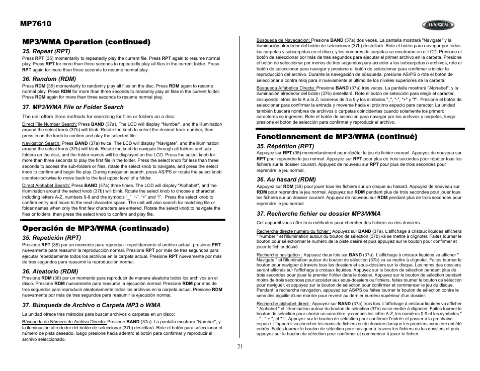 Mp3/wma operation (continued), Repeat (rpt), Random (rdm) | Mp3/wma file or folder search, Operación de mp3/wma (continuado), Repetición (rpt), Aleatorio (rdm), Búsqueda de archivo o carpeta mp3 o wma, Fonctionnement de mp3/wma (continué), Répétition (rpt) | Audiovox MP7610 User Manual | Page 21 / 25