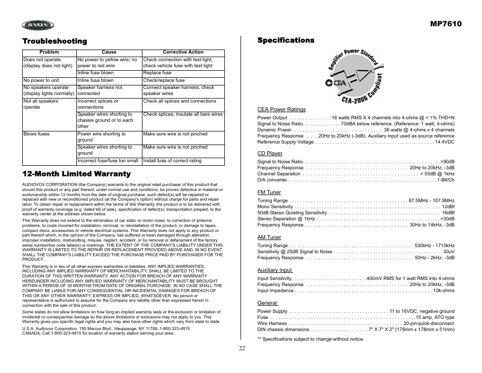 Troubleshooting, Mp7610, Troubleshooting 12-month limited warranty | Specifications | Audiovox MP7610 User Manual | Page 22 / 25