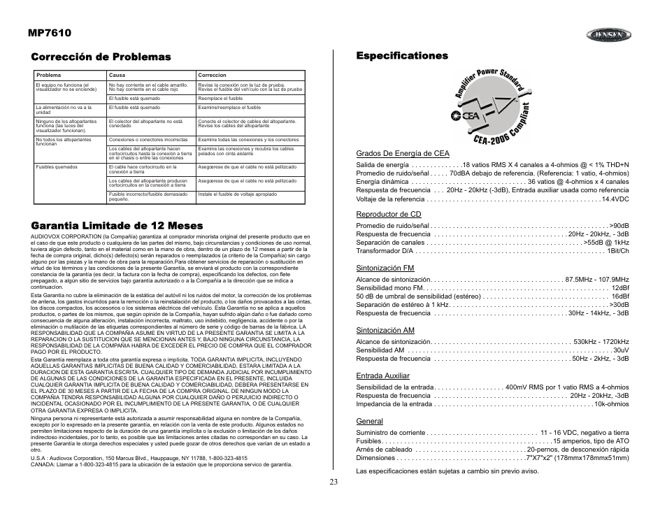 Corrección de problemas, Garantia limitade de 12 meses, Mp7610 | Especificationes | Audiovox MP7610 User Manual | Page 23 / 25