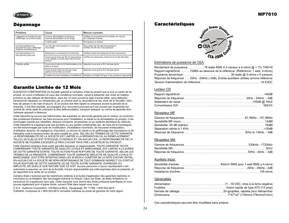 Dépannage, Garantie limitée de 12 mois, Mp7610 | Dépannage garantie limitée de 12 mois, Caractéristiques | Audiovox MP7610 User Manual | Page 24 / 25