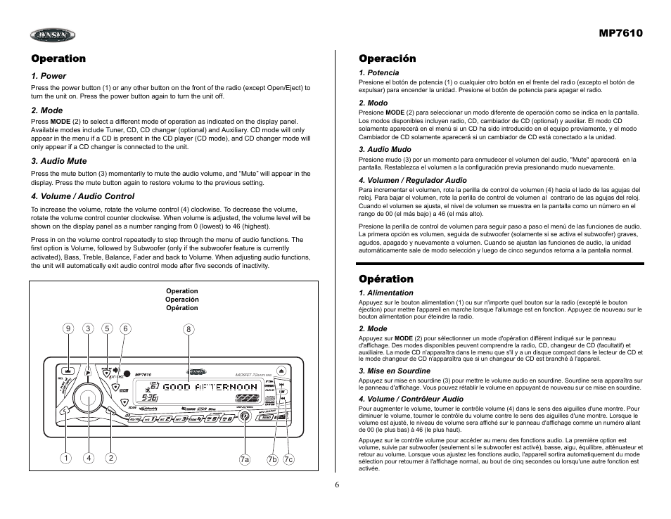 Operation, Power, Mode | Audio mute, Volume / audio control, Operación, Potencia, Modo, Audio mudo, Volumen / regulador audio | Audiovox MP7610 User Manual | Page 6 / 25