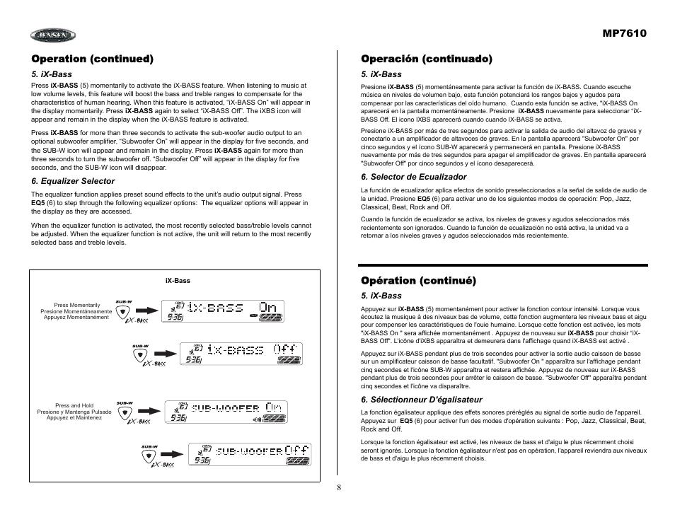 Operation (continued), Ix-bass, Equalizer selector | Operación (continuado), Selector de ecualizador, Opération (continué), Sélectionneur d'égalisateur, Mp7610 | Audiovox MP7610 User Manual | Page 8 / 25