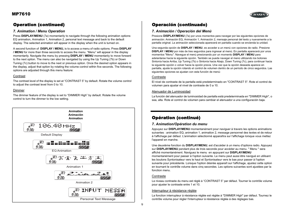 Operation (continued), Animation / menu operation, Operación (continuado) | Animación / operación del menú, Opération (continué), Animation/opération du menu, Mp7610 | Audiovox MP7610 User Manual | Page 9 / 25