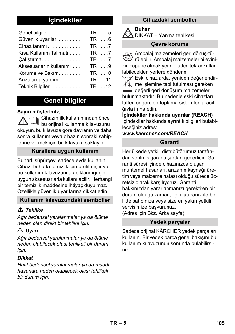 Türkçe, Içindekiler, Genel bilgiler | Karcher SC 1-010 User Manual | Page 105 / 230