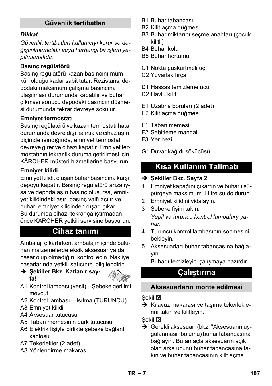 Cihaz tanımı, Kısa kullanım talimatı çalıştırma | Karcher SC 1-010 User Manual | Page 107 / 230