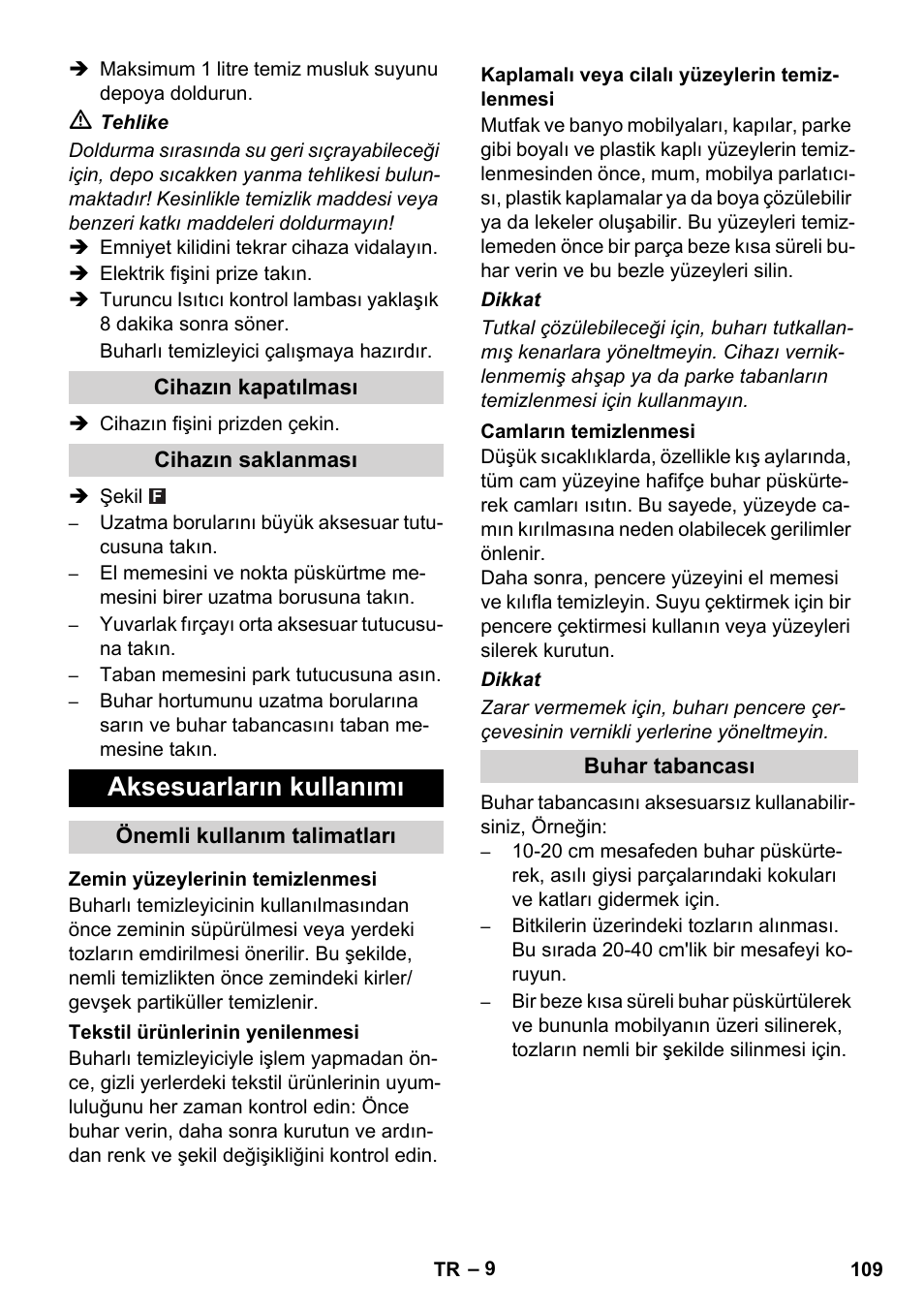 Aksesuarların kullanımı | Karcher SC 1-010 User Manual | Page 109 / 230