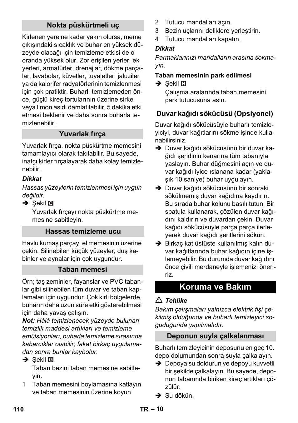 Koruma ve bakım | Karcher SC 1-010 User Manual | Page 110 / 230