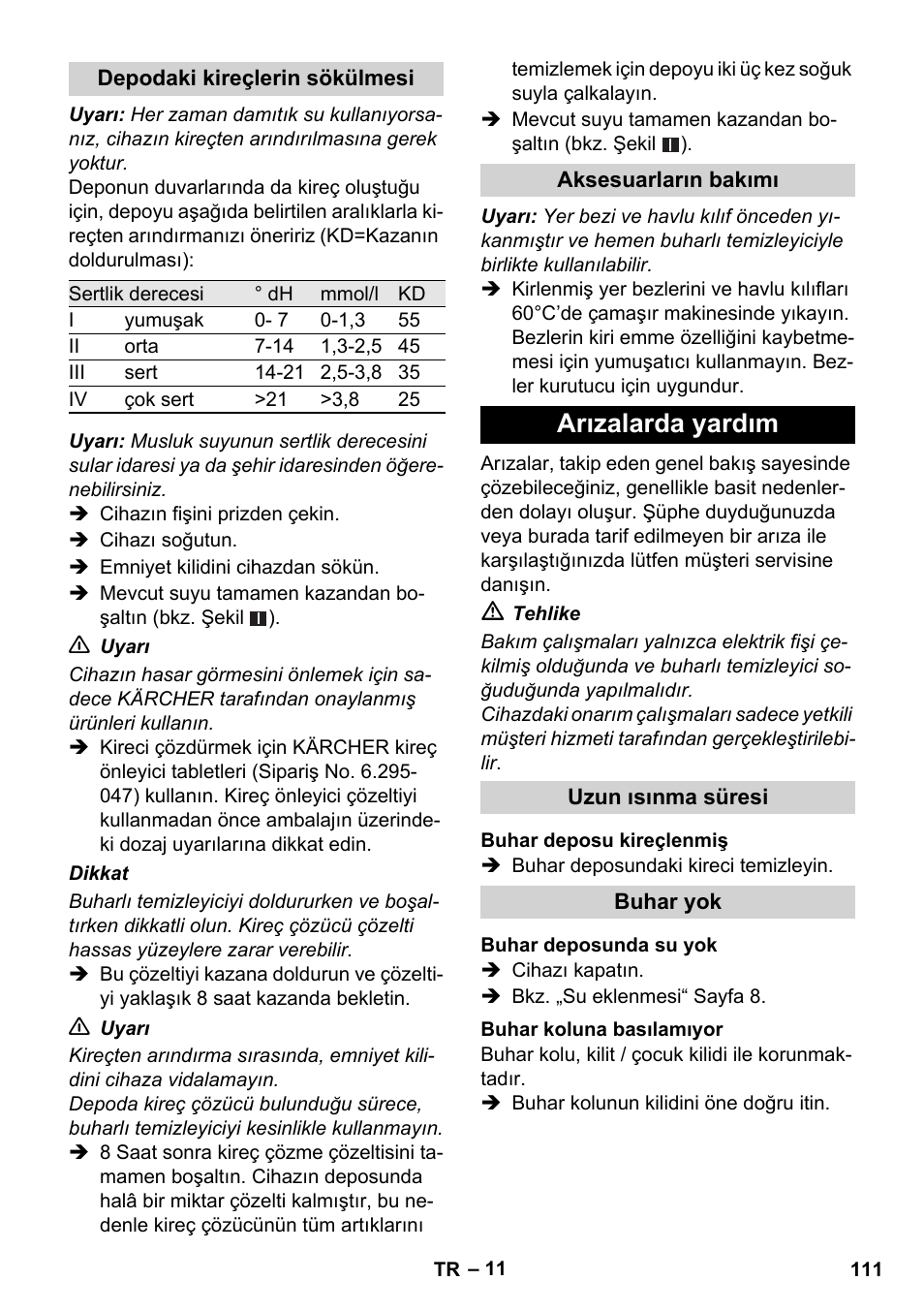 Arızalarda yardım | Karcher SC 1-010 User Manual | Page 111 / 230