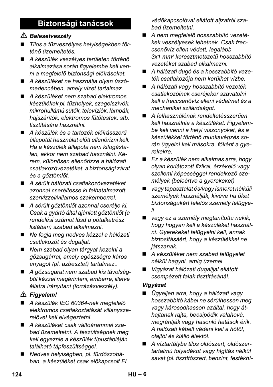 Biztonsági tanácsok | Karcher SC 1-010 User Manual | Page 124 / 230